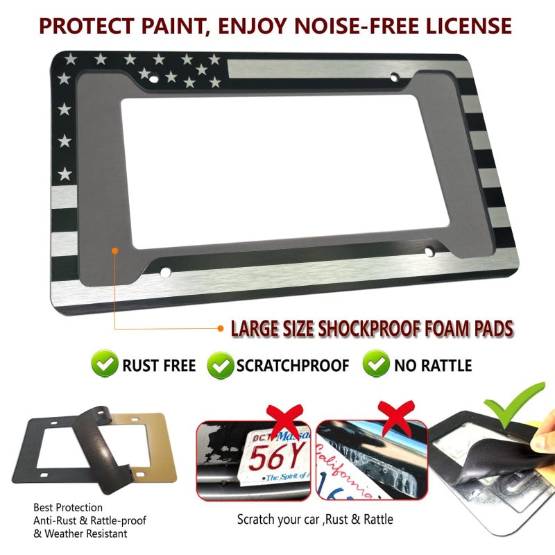 AOOTF American Flag License Plate Frame - USA Aluminum Metal License Plate Cover Auto Car Truck Tag Holder Thin Blue Line Black and White Stripes with Screws,Anti-Rattle Foam Pad - Image 5